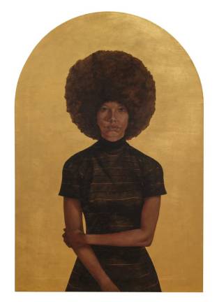 “Lawdy Mama” an oil and gold leaf on canvas is one of the first paintings one sees on the fourth floor of the Frick Madison exhibit of Barkley L. Hendricks and in a jarring juxtaposition, it is framed by two 18th century sculptures. From the Studio Museum in Harlem, it was a gift of Stuart Liebman, in memory of Joseph B. Liebman. Photo: Courtesy of the Estate of Barkley L. Hendricks and Jack Shainman Gallery