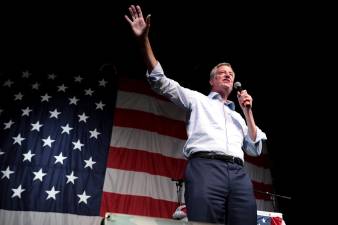 Then presidential candidate Bill de Blasio onstage at the Iowa Democratic Wing Ding in Clear Lake, Iowa on August 9, 2019.