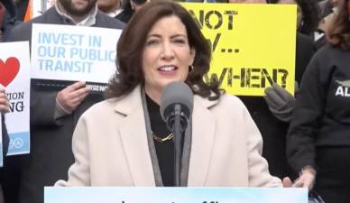 Governor Kathy Hochul rallying to support congestion pricing at Union Square on December 5, one day before the MTA Board’s full vote on suggested tolls below 60th St. The final tally was 9-1 in favor, with a $15 base levy holding steady.