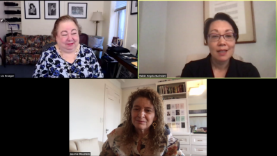 Screenshot of the roundtable discussion with (clockwise from top left) State Senator Liz Krueger, Rabbi Angela Buchdahl and psychologist Jeannie Blaustein.