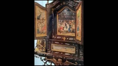 Renaissance paintings by Anton Mozart inside a small shrine by metalsmith, Matthias Walbaum are miniature wonders.