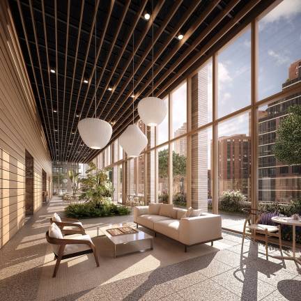 Rendering of Inspir&#x2019;s 16th Floor atrium and terrace, courtesy of Handel Architects of New York and DBox.