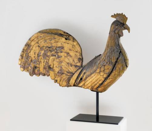 The Portland Rooster. Artist unidentified. Portland, Maine 1788. Carved and gilded pine. Approximately 30 x 44 x 10 in. Collection of Susan and Jerry Lauren. Photo: Adam Reich