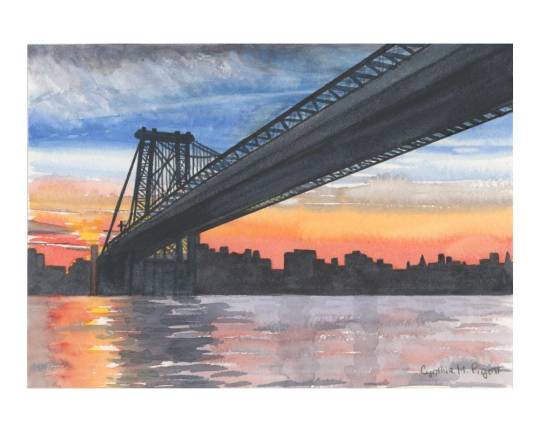 The Brooklyn Bridge at sunset, as captured by Pigott. She points out that it was the first steel-wire suspension bridge in the world.