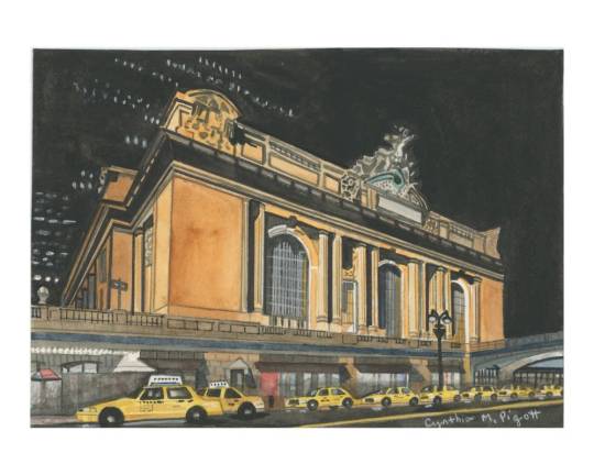 Pigott’s painting of Grand Central Station, which she notes in the biggest railroad station in the world (<a rel=nofollow noopener noreferrer href=https://www.railway-technology.com/projects/grandcentralterminal/ target=_blank>in terms of platforms and area occupied</a>.)