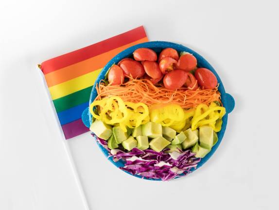 Just Salad is offering the Big Gay Garden Salad for Pride Month, and $1 from each salad sold will go toward supporting NYC Pride. Photo courtesy of Just Salad.&#xa0;