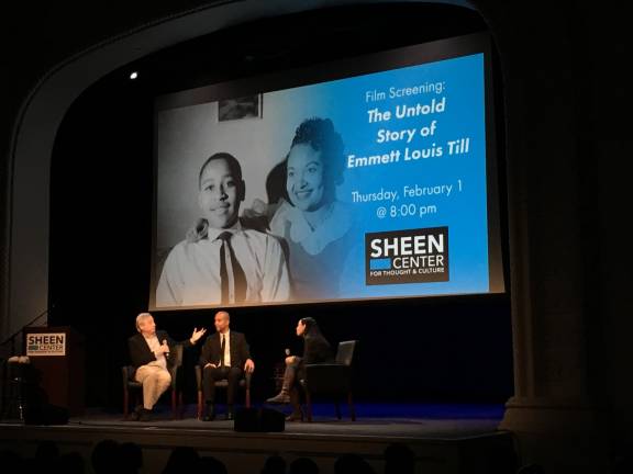 Frederick Zollo, producer of an upcoming feature film based on documentary, left: Keith Beauchamp, producer-director of The Untold Story of Emmett Louis Till, center: and Sheen Center programming associate and moderator Kelley Girod following a recent showing of the documentary at the Sheen Center in Greenwich Village. Photo: The Sheen Center