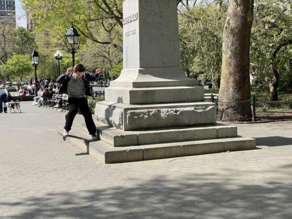 Skateboarders can harm statues by flipping off their sharp edges. Photo: Shantila Lee