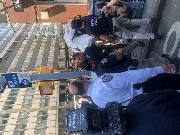 <b>NYPD officers cart away products seized in a raid on an illegal cannabis shop at 110 Church St. under supervision of Sheriff Anthony Miranda.</b> Photo: Keith J. Kelly