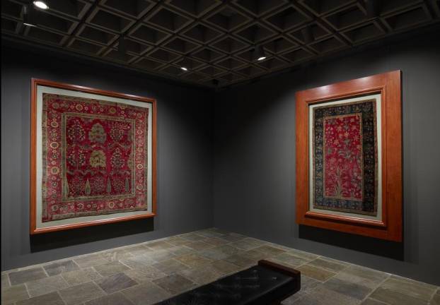 Room 9: Two rare and infrequently displayed seventeenth-century Indian Mughal carpets from The Frick Collection occupy this gallery at Frick Madison. Photo: Joe Coscia