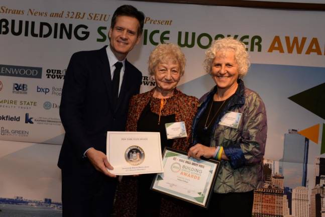 Anna Urban (center), winner of the 2019 Longevity Award, presented by State Senator Brad Hoylman and Jeanne Straus.