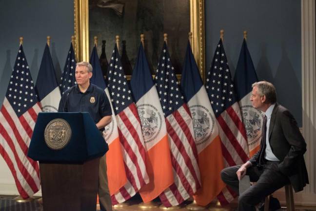 Mayor Bill de Blasio and Police Commissioner Dermot Shea at City Hall on Friday, May 30, 2020.