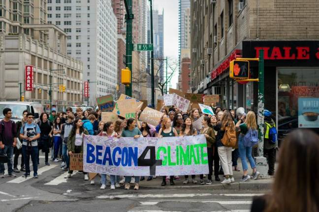 Several hundred Beacon students walked out of class on Mar. 15, 2019 and made their way to Columbus Circle, where thousands of high school students from other NYC schools met before marching uptown.