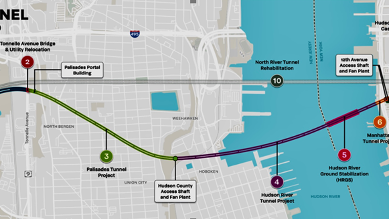 The map shows the route of the current rail tunnel under the Hudson, and the slightly longer, curvier new tunnel route, slated to be finished in 2035.