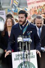 Alex Bores at a press conference held by the New York Immigration Coalition (NYIC) at Foley Square, demanding lawmakers pass a bill to greater fund immigration defense cases in the state.
