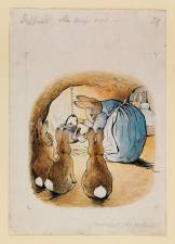Beatrix Potter, Mrs Rabbit pouring out the tea for Peter while her children look on, 1902-1907. Linder Bequest. Museum no. BP.468. ©Victoria and Albert Museum, London. Photo: Courtesy of Frederick Warne &amp; Co. Ltd.