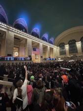 A photo depicting the October 27 ceasefire protest at Grand Central Terminal–which effectively shut down all Metro North commuter trains–posted by District 50 State Assembly Member Emily Gallagher (of Brooklyn). She was taken into custody at the demonstration.