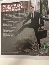 The Transport Workers Union, which represents carriage-horse drivers, has put City Council Member Erik Bottcher in its crosshairs because of his campaign to ban the carriages. One weapon: this newspaper ad showing a faked image implying that the council member values horses more than the homeless.