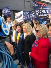 NYS Assembly District 73 candidate Russell Squire (left), Rep. Jerrold Nadler (second from left), Governor Kathy Hochul (center), Rep. Carolyn Maloney (second from right) and District 76 Assembly Member Rebecca Seawright (right) on the campaign trail on the morning of the primary at East 86th Street and Second Avenue. Photo courtesy of Rebecca Seawright’s campaign