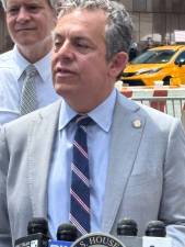 Assemblyman Tony Simone pictured at a presser across the street from Penn Station was pushing a bill in Albany that would have allowed bars and restaurants to expand into the streets with outdoor drinking in designated “entertainment zones.”