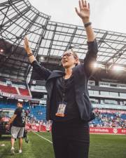 Alyse LaHue, Sky Blue FC general manager, after a match last season at Red Bull Arena.