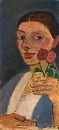 Paula Modersohn-Becker (German, 1876-1907) Self-Portrait with Two Flowers in her Raised Left Hand 1907. The Museum of Modern Art, Gift of Debra and Leon Black, and The Neue Galerie, Gift of Ronald S. Lauder.