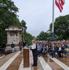 Memorial Day wreath laying cermemony at Soldiers &amp; Sailors Monument, Gale Brewer speaking.