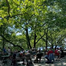 Musicians gather in the shade on a sunny Sunday, transforming Riverside Park into a concert space. Photo: Christopher Moore