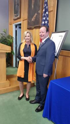 Manhattan Postmaster Kevin Crocilla, with Congresswoman Carolyn Maloney, following his swearing-in ceremony in June. Photo: Connie Chirichello, USPS