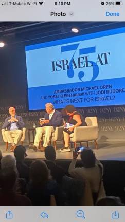 <b>Author Yossi Klein Halevi (far left), former Israeli ambassador to the US Michael Ormen (center) and Jodi Rudoren, The Editor of The Forward, drew a crowd to a panel debating “What’s Next for Israel” at the 92nd Street Y on June 5th.</b> Photo: Jon Friedman