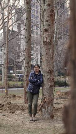 Maya Lin within Ghost Forest, 2021. Courtesy the artist and Madison Square Park Conservancy. Photo: Andy Romer