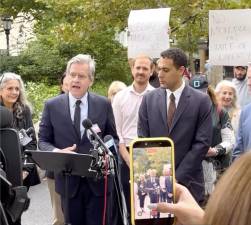 Brad Hoylman-Sigal and Christopher Marte at Sept. 14 ticket scammer event at Battery Park.
