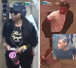 Bryant Park subway assault suspect (left); Times Square shooting suspects (right).