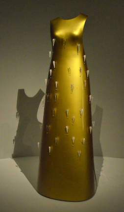 Hussein Chalayan, &#x201c;Kaikoku&#x201d; Floating Dress, 2011&#x2013;12, a motorized, wheeled, cast fiberglass, radio-controlled dress at &#x201c;Manus x Machina.&#x201d; Photo: Adel Gorgy