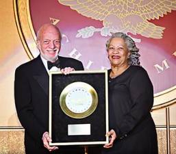 Broadway director Harold Prince receives the Golden Plate award from Nobel laureate Toni Morrison at the American Academy of Achievement’s 46th annual International Achievement Summit in Washington, D.C. on Saturday, June 23, 2007. Photo: Academy of Achievement, via Wikimedia Commons