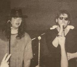 Shane MacGowan (right) as he began his comeback bid after getting tossed from the Pogues, the group he co-founded in the early 90s. He teamed up in NYC with Rogue’s March front man Joe Hurley (left) for a sold out residency at the nightclub Bang On in September 1992. Photo: Sue Graves