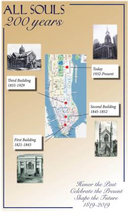 Map showing the church’s four locations and photos of the buildings.