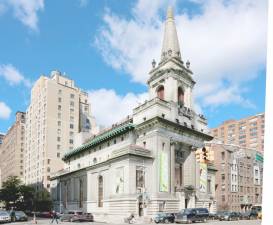 A rendering of the future home of the Children’s Museum of Manhattan in the former Christian Science church on Central Park West on 96th Street. It shows a new roof atop the landmark, complete with a walkway and performance space, as well as new transparent windows that would replace the 120-year-old stained-glass windows.