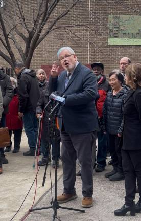 Thomas Duane, the former State Senator and City Council member, is a lead plaintiff in a suit that aims to halt an overhaul of the Fulton &amp; Chelsea-Elliott Houses. He leads a rally outside the complex on Jan. 14.