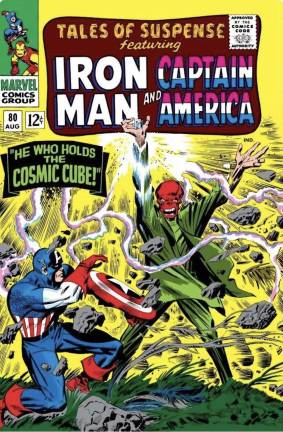 A “Tales of Suspense” cover from 1966, “He Who Holds the Cosmic Cube!” featuring Iron Man and Captain America.