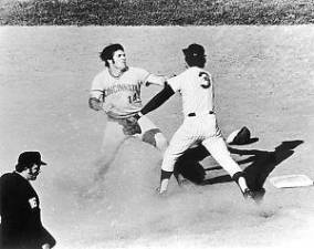Bud Harrelson and Pete Rose scuffled after a the Reds left fielder took out the Mets shortstop trying to break up a double play in the third game of the National League Championship series at Shea Stadium in 1973, igniting the most famous benches clearing brawl in MLB history. Photo: Pintrest