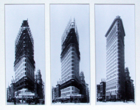 The Flatiron Building’s original construction, with the visible steel frame structure which stabilized the building’s triangular shape.
