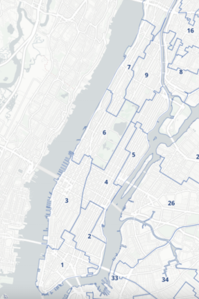 A map of the current City Council districts has been in effect since 2013. Map screenshot from the NYC Districting Commission