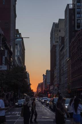 Vantage point of the Manhattanhenge from 23rd Street and Broadway. The biannual event occurred earlier this year on May 28 and May 29, and again on July 11 and July 12. But the sun won’t align with Manhattan cross streets again until May 2027.