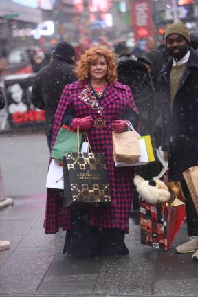 Melissa McCarthy plays a genie in a remake of “Bernard and the Genie” which she is filming with co-star Paapa Essiedu, as seen her last week in a wintery Times Square. Photo: Steve Sands/NY Newswire