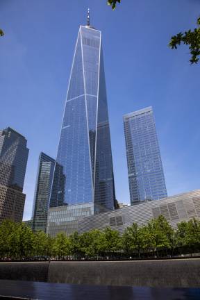 A view of One World Trade Center from standpoint on the North Tower Pool.
