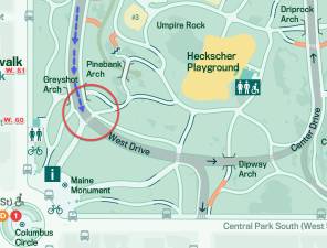Approximate site of the crash between illegal electric unicycle and bicyclist, June 30, 2025.