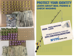 Left: Booty from recent Washington Square Park drug busts; right: NYPD warns against mail fishing.