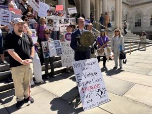 Attorney Jim Walden, chairman of NYC Common Sense, announces a lawsuit challenging Mayor Zohran Mamdani’s e-bike enforcement policy outside City Hall on June 25.