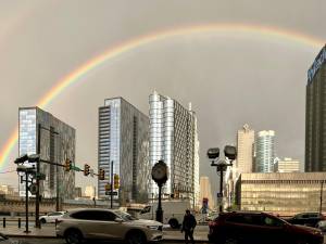 It is <i>not</i> always sunny in Philadelphia, but even in rainy weather, the City of Brotherly Love manages to shine. Looking east from 30th Street Station toward Center City, a rainbow punctuates the gray skies.